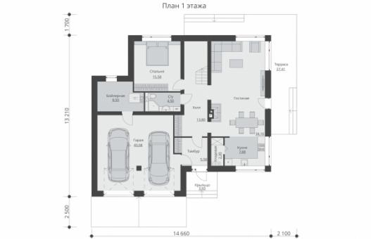 Проект двухэтажного жилого дома с гаражом и террасами